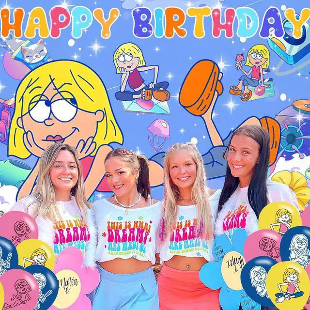 Alt view image 7 of 7 - Lizzie McGuire Birthday Backdrop for Party, Cartoon Girls Happy Birthday Banner Balloons Shoot Photo Backgrounds Props for Fans Adults Photography Backdrop