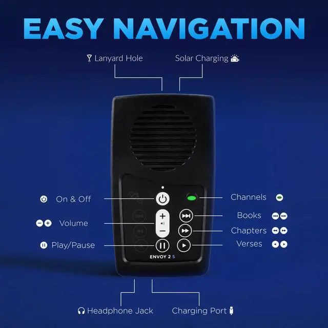 Alt view image 5 of 7 - Spanish Reina Valera 1960 (RVR60) Solar Audio Bible Player | Handheld, Bookmarking Ability, 12-Hour Battery Life, Headphones and USB-C Charger Included