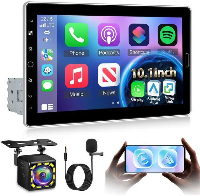 Main image of Single Din 10 Inch Touchscreen Car Radio with Wireless Carplay and Android Auto - Detachable IPS Screen Car Stereo - Bluetooth/AM/FM/Mirror Link/SWC + 12leds Backup Camera & Microphone