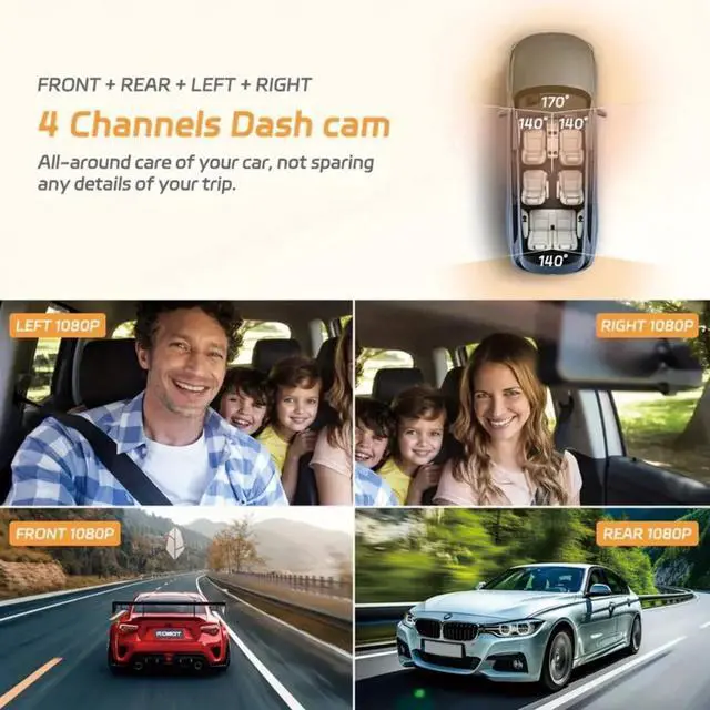 Alt view image 2 of 7 - 360 Degree View 4 Channel Dash Cam Front and Rear Inside Left Right | 1080P Full HD, 170 Deg Wide Angle, 64GB Card, G-Sensor, Loop Recording, Night Vision