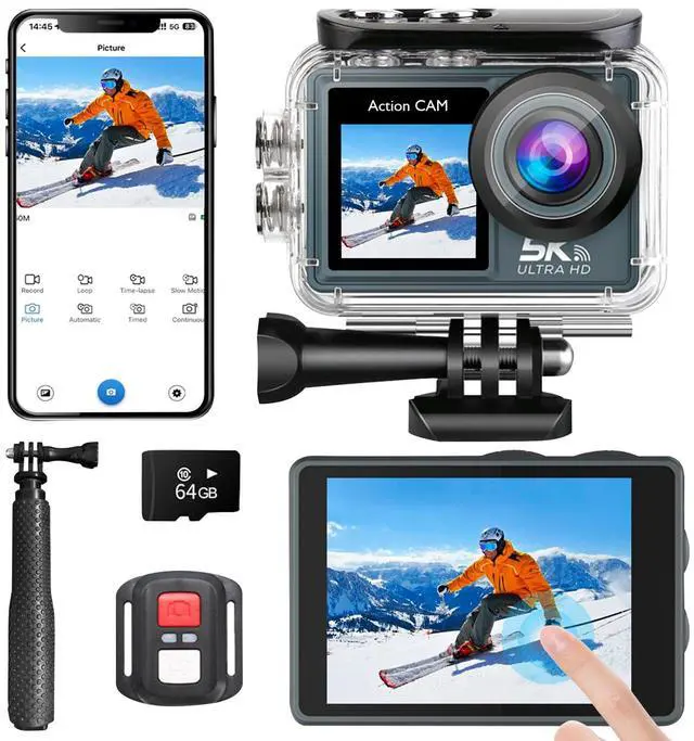 Main image of Action Camera 5K 30FPS 20MP Waterproof Camera 100FT Underwater EIS Sports Cam with Touch Screen, 170° Wide Angle, Remote Control, WiFi, 5X Zoom for Snorkeling, Diving, Cycling, and Vlogging