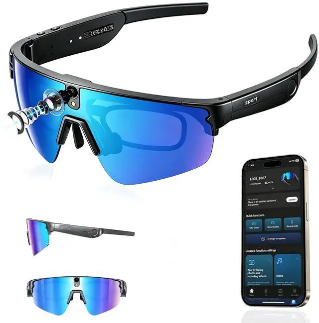 Main image of AI Smart Glasses with Camera,4K Video Recording Glasses, AI Voice Assistant,Real-Time Translation,Object Recognition,Bluetooth Sports Sunglasses,IP66 Waterproof for Cycling,Running & Hiking (Blue)