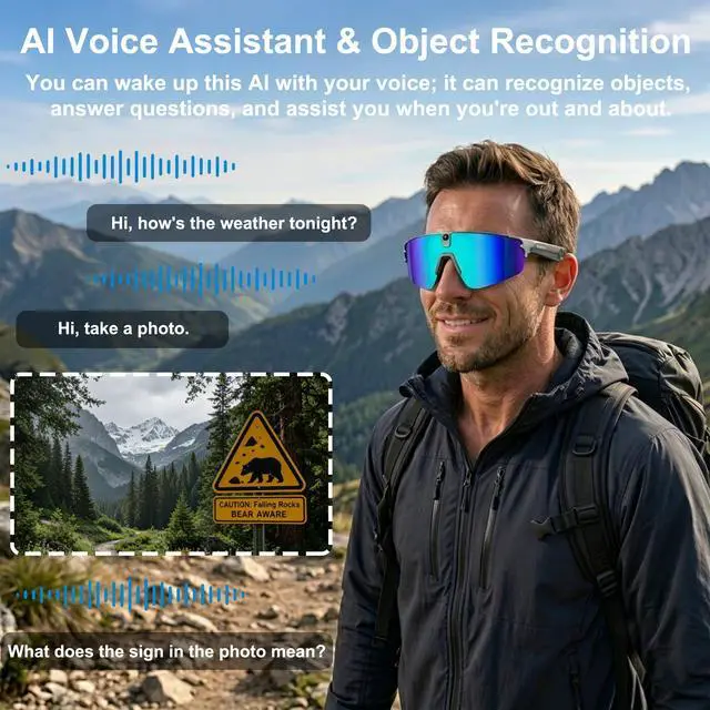 Alt view image 2 of 7 - AI Smart Glasses with Camera,4K Video Recording Glasses, AI Voice Assistant,Real-Time Translation,Object Recognition,Bluetooth Sports Sunglasses,IP66 Waterproof for Cycling,Running & Hiking (Blue)