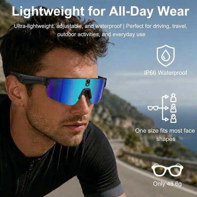 Alt view image 3 of 7 - AI Smart Glasses with Camera,4K Video Recording Glasses, AI Voice Assistant,Real-Time Translation,Object Recognition,Bluetooth Sports Sunglasses,IP66 Waterproof for Cycling,Running & Hiking (Blue)