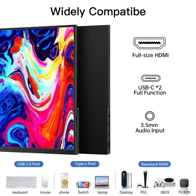 Alt view image 3 of 7 - Portable Monitor 15.6'', 1080P FHD Ultra Slim Travel Monitor with Built-in Kickstand & Speaker & Protective Sleeve, USB C HDMI, Perfect for Laptop Mac Tablet Phone Xbox Switch PS5