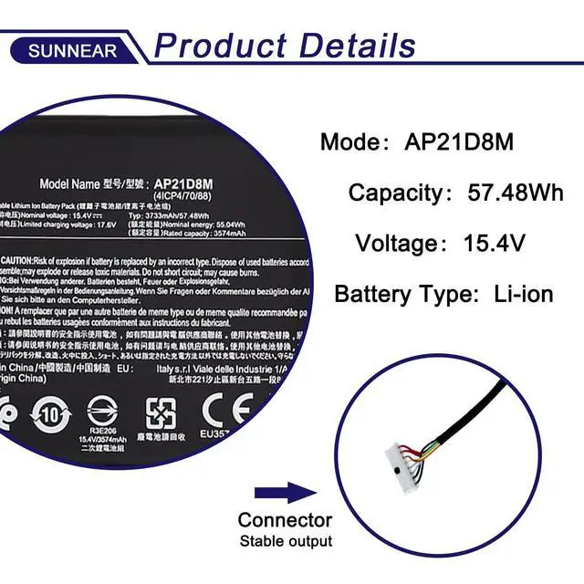 Alt view image 2 of 6 - AP21D8M Laptop Battery for Acer Nitro 5 AN515 N20C1 Nitro V 15 ANV15 | 57.48Wh AP21D8M; Battery Replacement for for Acer Nitro 5 AN515-46 AN515-47 AN515-58, Nitro V 15 ANV15-51