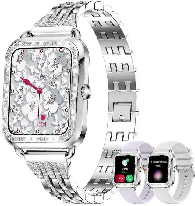 Main image of Smart Watch for Women Diamonds(Answer/Make Call),1.29''HD Touch Screen Smart Watch Android,Fitness Tracker with Heart Rate/Blood Oxygen/Sleep Monitor,Waterproof Smartwatch 3 Strap (Diamond Silver)
