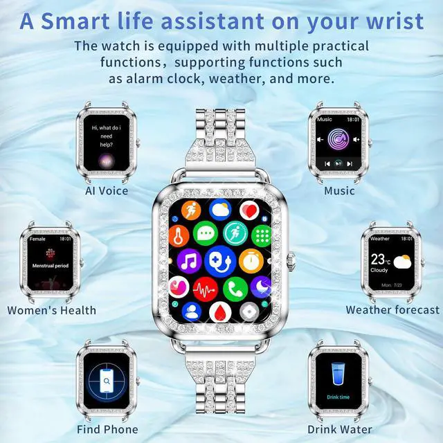 Alt view image 6 of 7 - Smart Watch for Women Diamonds(Answer/Make Call),1.29''HD Touch Screen Smart Watch Android,Fitness Tracker with Heart Rate/Blood Oxygen/Sleep Monitor,Waterproof Smartwatch 3 Strap (Diamond Silver)