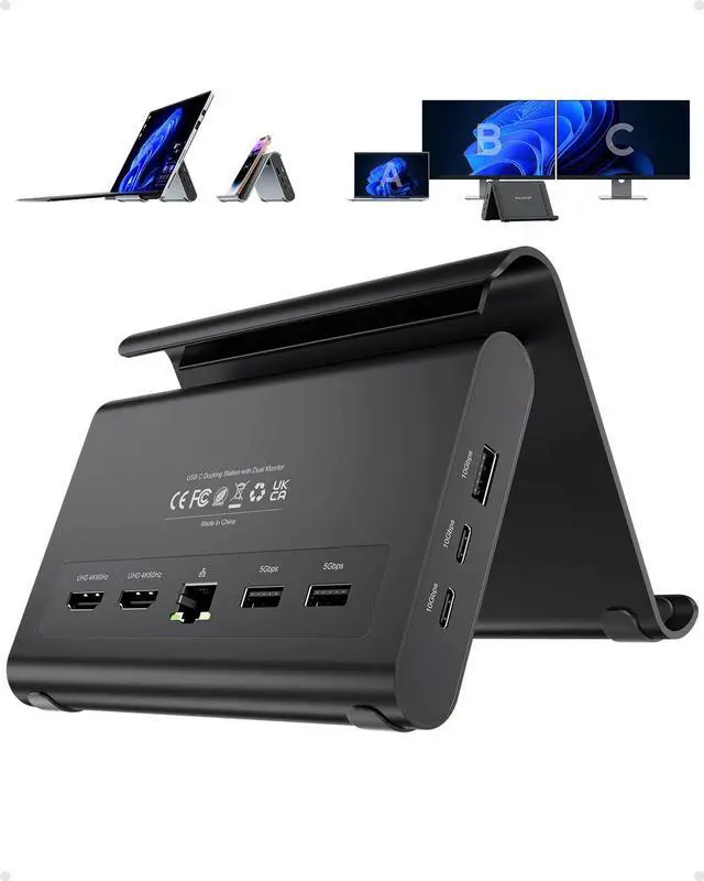 Main image of Laptop Docking Station Dual Monitor 4K@60Hz, 3*USB-C/A 10Gbps, Plug & Play | 10-in-1 USB C Hub with 2 HDMI, 6x USB A/USB C, Vertical Stand Dock for Surface Pro 11/10/9/8 & Windows Laptops, Black
