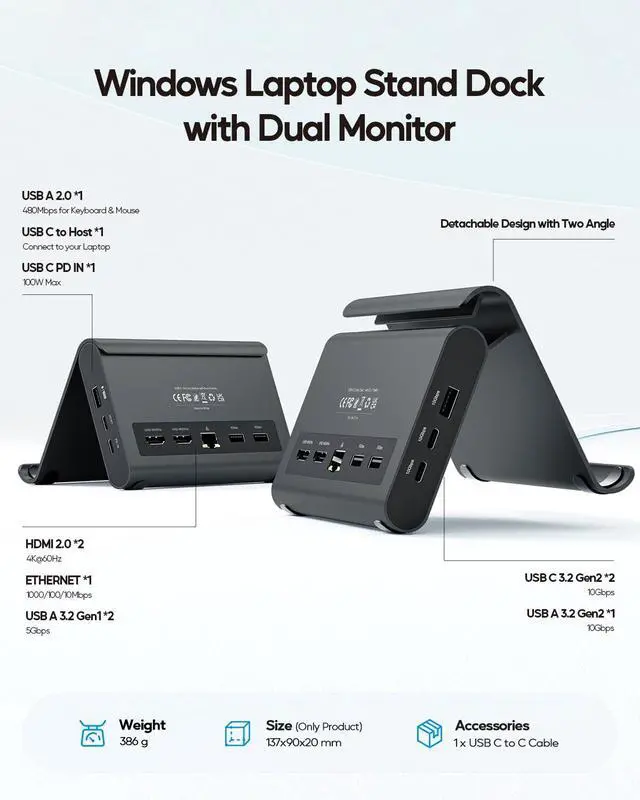 Alt view image 2 of 7 - Laptop Docking Station Dual Monitor 4K@60Hz, 3*USB-C/A 10Gbps, Plug & Play | 10-in-1 USB C Hub with 2 HDMI, 6x USB A/USB C, Vertical Stand Dock for Surface Pro 11/10/9/8 & Windows Laptops, Black