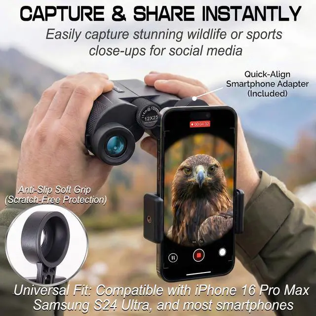 Alt view image 4 of 7 - 12x25 Compact Binoculars for Adults and Kids - Small Pocket Binoculars with 600D MOLLE Pouch - Phone Adapter and Wide Strap for Cruise Travel Hiking Bird Watching Concerts Outdoor Gift
