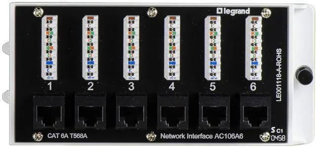 Main image of Home Theater Patch Panel, 6 Port Interface Module, Cat 6A Network Patch Panel for Wired Ethernet Connection, Black, AC106A6