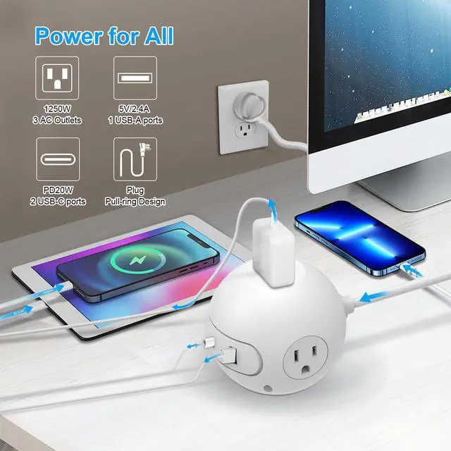 Alt view image 2 of 7 - 20W USB C Power Strip 15 ft Cord,3 Widely Outlets and 3 USB Ports(2 USB C Port),15 ft Extension Cord,Power Delivery Charging for Dorm Rooms,Home Office,White(2 Pack)