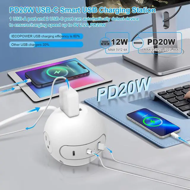 Alt view image 3 of 7 - 20W USB C Power Strip 15 ft Cord,3 Widely Outlets and 3 USB Ports(2 USB C Port),15 ft Extension Cord,Power Delivery Charging for Dorm Rooms,Home Office,White(2 Pack)