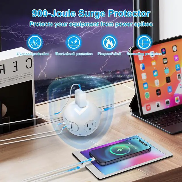 Alt view image 5 of 7 - 20W USB C Power Strip 15 ft Cord,3 Widely Outlets and 3 USB Ports(2 USB C Port),15 ft Extension Cord,Power Delivery Charging for Dorm Rooms,Home Office,White(2 Pack)