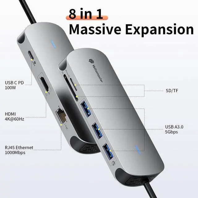 Alt view image 2 of 7 - Laptop Docking Station 4K@60Hz HDMI for MacBook/Dell/HP/Surface | 8 in 1 USB C Dock with HDMI, 100W PD 3.0, 3 USB A Data Transfer, RJ45, SD/TF, USB C Hub Multiport Adapter for Work & Travel