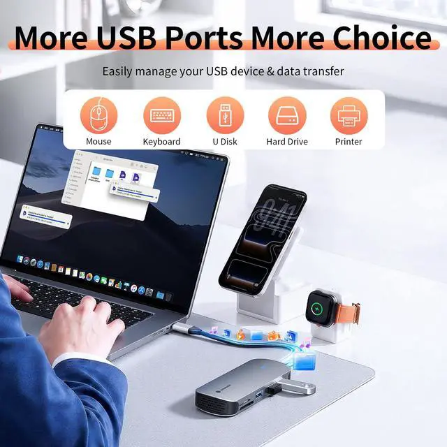 Alt view image 5 of 7 - Laptop Docking Station 4K@60Hz HDMI for MacBook/Dell/HP/Surface | 8 in 1 USB C Dock with HDMI, 100W PD 3.0, 3 USB A Data Transfer, RJ45, SD/TF, USB C Hub Multiport Adapter for Work & Travel
