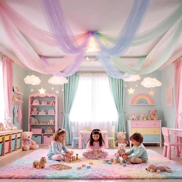 Alt view image 5 of 6 - 6 Pcs Pastel Rainbow Ceiling Decor 5x10ft Pastel Rainbow Tulle Backdrop for DIY Back to School Classroom Birthday Wedding Bride Baby Shower Unicorn Party Hanging Decorations