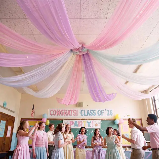 Alt view image 3 of 6 - 6 Pcs Pastel Rainbow Ceiling Decor 5x10ft Pastel Rainbow Tulle Backdrop for DIY Back to School Classroom Birthday Wedding Bride Baby Shower Unicorn Party Hanging Decorations