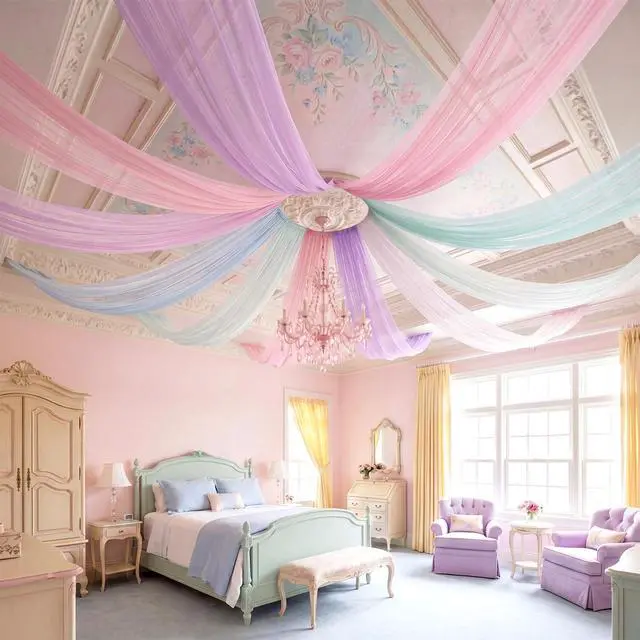 Alt view image 6 of 6 - 6 Pcs Pastel Rainbow Ceiling Decor 5x10ft Pastel Rainbow Tulle Backdrop for DIY Back to School Classroom Birthday Wedding Bride Baby Shower Unicorn Party Hanging Decorations