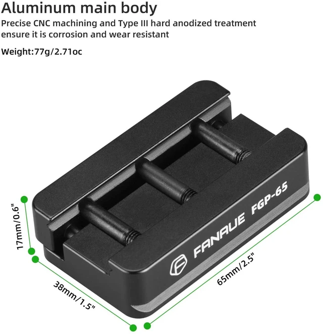 Alt view image 2 of 7 - FGP-65 Picatinny Arca-Swiss Compatible Rail Plate with Anti-Slip Slot, CNC Machined Aluminum,Tripod Dovetail Adapter Mount