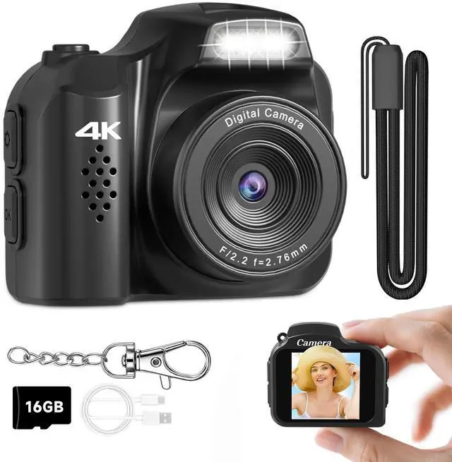 Main image of 4K Keychain Camera, 64MP Vintage Pocket Retro Digital Camera | LED Light, Retro Mini Sized Camera for Kids, Teens, Adults, and Photography Beginners with 16 GB SD Card, Black