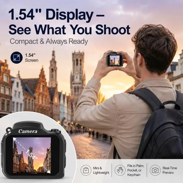 Alt view image 4 of 7 - 4K Keychain Camera, 64MP Vintage Pocket Retro Digital Camera | LED Light, Retro Mini Sized Camera for Kids, Teens, Adults, and Photography Beginners with 16 GB SD Card, Black
