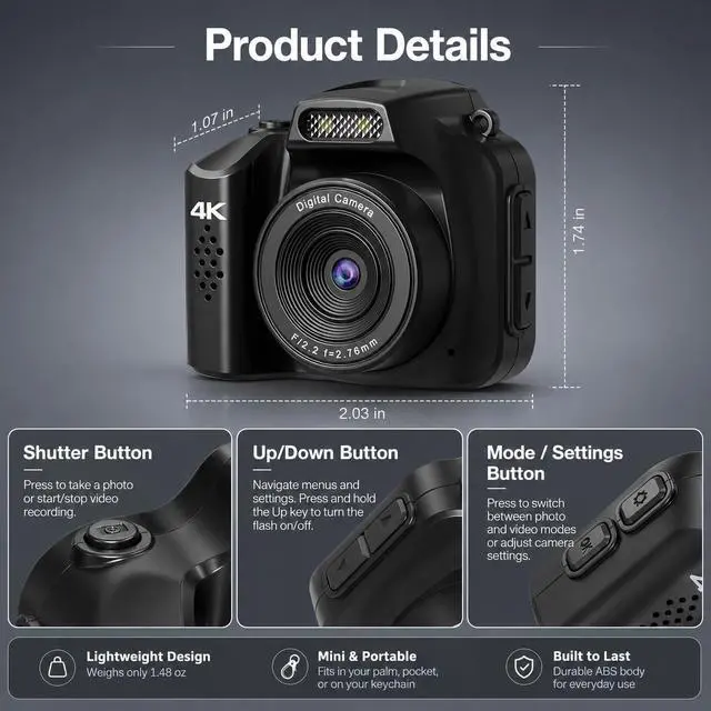 Alt view image 5 of 7 - 4K Keychain Camera, 64MP Vintage Pocket Retro Digital Camera | LED Light, Retro Mini Sized Camera for Kids, Teens, Adults, and Photography Beginners with 16 GB SD Card, Black