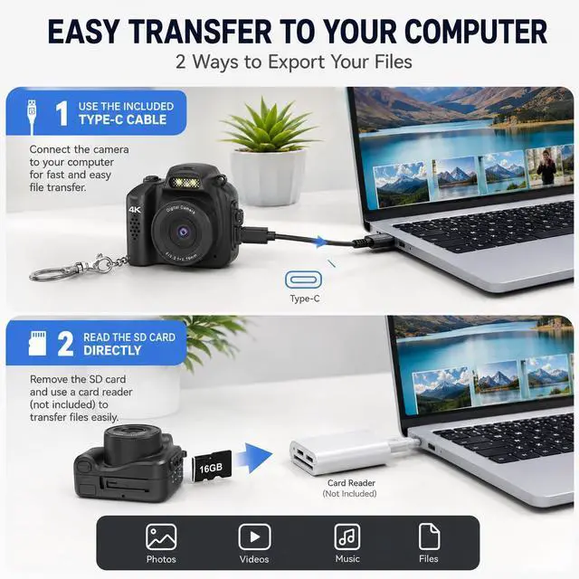 Alt view image 6 of 7 - 4K Keychain Camera, 64MP Vintage Pocket Retro Digital Camera | LED Light, Retro Mini Sized Camera for Kids, Teens, Adults, and Photography Beginners with 16 GB SD Card, Black