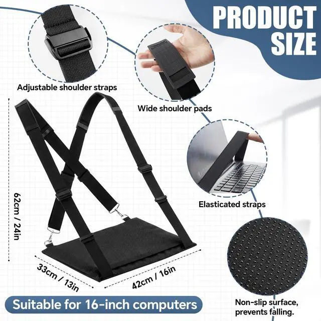 Alt view image 3 of 6 - Laptop Harness for Walking Anti-Slip Upgraded Portable Wearable Black Laptop Stand with Safety Strap for up to 16 Inches Tablets E-Readers Notebook Notepad Standing Desk