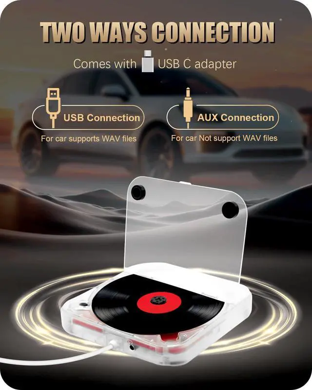 Alt view image 3 of 7 - Portable External CD Player for Car USB Port AUX Port, Car CD Player with USB C Adapter Extension Cable, for Car Without CDs Player, Automobile, Laptop, TV, Work Vertically and Horizontally