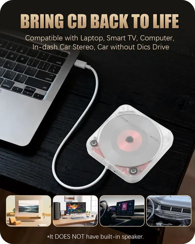 Alt view image 6 of 7 - Portable External CD Player for Car USB Port AUX Port, Car CD Player with USB C Adapter Extension Cable, for Car Without CDs Player, Automobile, Laptop, TV, Work Vertically and Horizontally