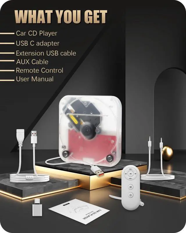 Alt view image 7 of 7 - Portable External CD Player for Car USB Port AUX Port, Car CD Player with USB C Adapter Extension Cable, for Car Without CDs Player, Automobile, Laptop, TV, Work Vertically and Horizontally
