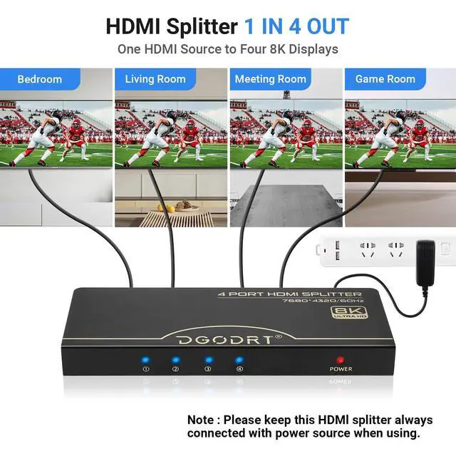 Alt view image 3 of 6 - 8K@60Hz HDMI Splitter 1 in 4 Out, 1x4 Power HDMI 2.1 Splitter 4 Ports Distributor Box, Support 4K@120HZ HDCP 2.3 3D HDR 48 Gbps for HDTV, Fire Stick, PS5, Xbox, Blu Ray(HDsplit8K-4P)