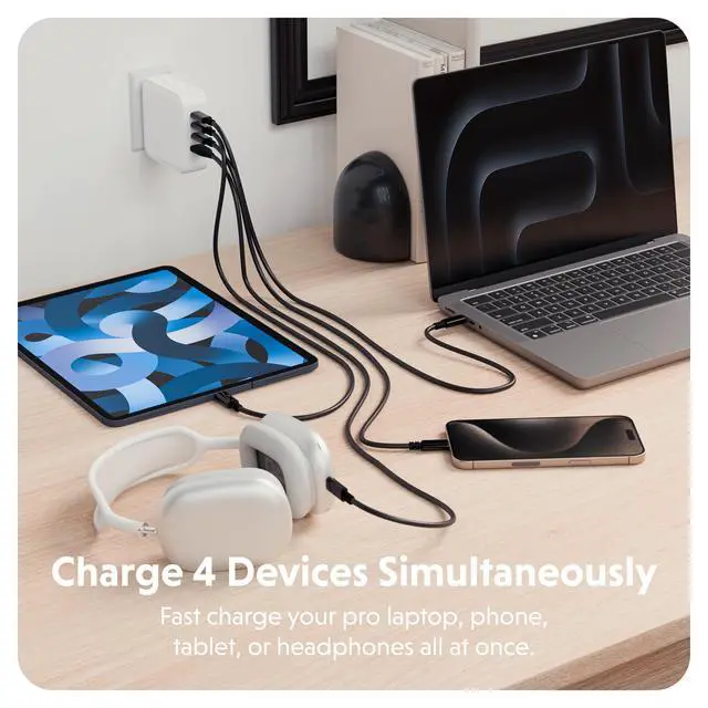 Alt view image 2 of 7 - Juice® 100W GaN Safety Tested Travel Charger - Quad-Port GaN Charger for iPhone, iPad, MacBook, Smartphone, & Laptop - Compact Type C Charger Fast Charging Phone Charger for 4 Devices (White)