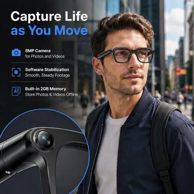 Alt view image 2 of 7 - AI Smart Glasses with Camera Video Recording Bluetooth Sunglasses | Anti-Shake Video Recording Photo Capture, AI Voice Assistant Object Recognition, Open-Ear Audio Real-Time Translation
