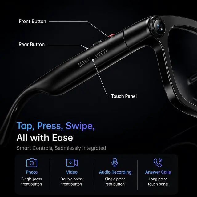 Alt view image 6 of 7 - AI Smart Glasses with Camera Video Recording Bluetooth Sunglasses | Anti-Shake Video Recording Photo Capture, AI Voice Assistant Object Recognition, Open-Ear Audio Real-Time Translation