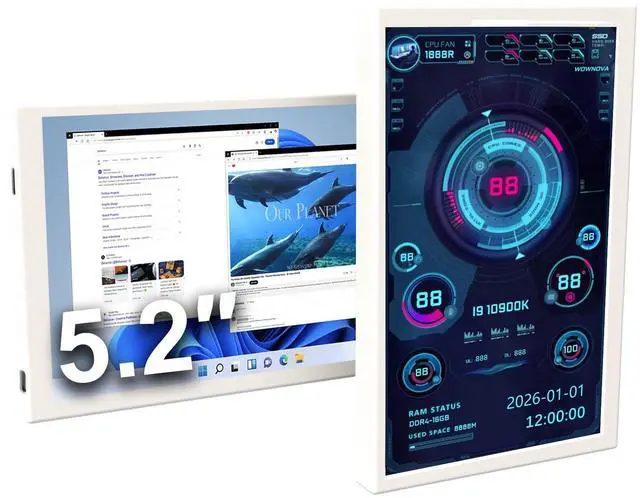 Main image of 5.2" Customizabe LCD Screen Inside PC Case Screen for Computer Setup - Customizable PC Temperature Display Panel, GPU CPU FPS RAM HDD Computer Temp Monitor (White)