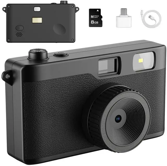Main image of Vintage Digital Camera, Reusable 12MP Screen Free Retro Digital Camera | Unlimited DIY Filters, OTG STransfer & Flash Light for Summer Camp with 8GB Micro SD Card, OTG Adapter & Type-C CableBlack