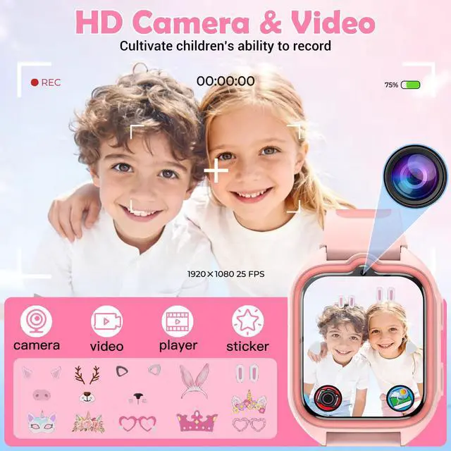 Alt view image 3 of 7 - Smart Watch for Kids No APP/Phone Needed, 1.75" Fitness Tracker Watch Pedometer with Video Music/Alarm Clock/Flashlight/IP68 Waterproof/Step Counter/Puzzle Games for Girls Boys Teens 4-12Pink