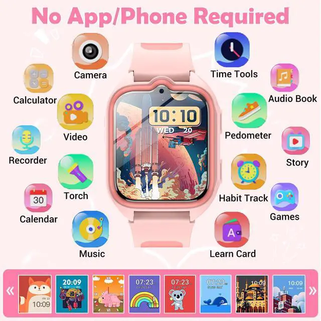 Alt view image 2 of 7 - Smart Watch for Kids No APP/Phone Needed, 1.75" Fitness Tracker Watch Pedometer with Video Music/Alarm Clock/Flashlight/IP68 Waterproof/Step Counter/Puzzle Games for Girls Boys Teens 4-12Pink