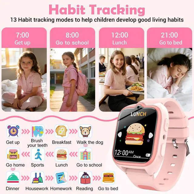 Alt view image 4 of 7 - Smart Watch for Kids No APP/Phone Needed, 1.75" Fitness Tracker Watch Pedometer with Video Music/Alarm Clock/Flashlight/IP68 Waterproof/Step Counter/Puzzle Games for Girls Boys Teens 4-12Pink