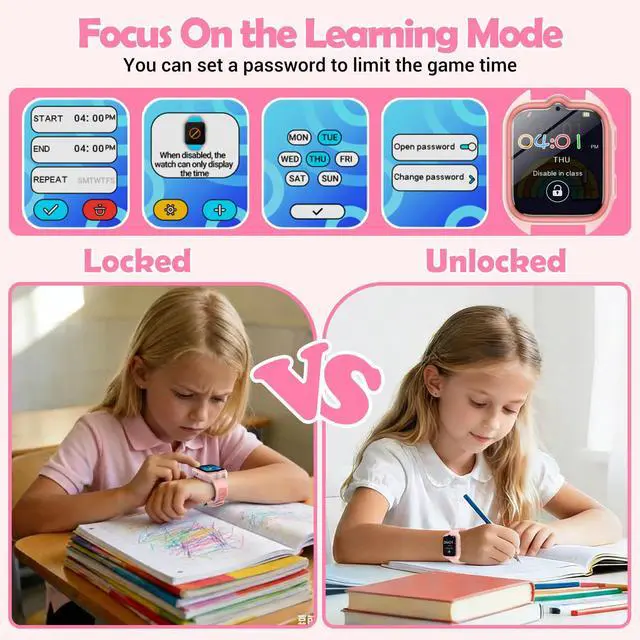 Alt view image 7 of 7 - Smart Watch for Kids No APP/Phone Needed, 1.75" Fitness Tracker Watch Pedometer with Video Music/Alarm Clock/Flashlight/IP68 Waterproof/Step Counter/Puzzle Games for Girls Boys Teens 4-12Pink