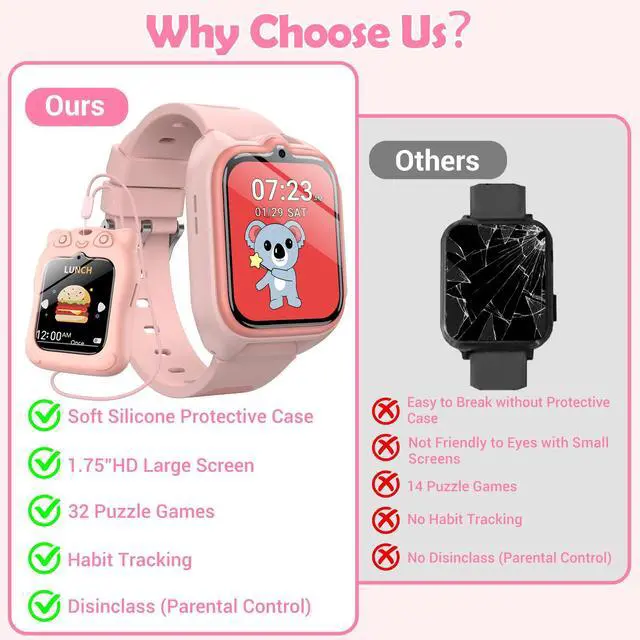 Alt view image 6 of 7 - Smart Watch for Kids No APP/Phone Needed, 1.75" Fitness Tracker Watch Pedometer with Video Music/Alarm Clock/Flashlight/IP68 Waterproof/Step Counter/Puzzle Games for Girls Boys Teens 4-12Pink