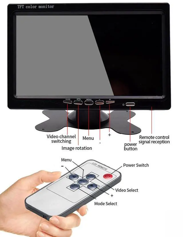 Alt view image 2 of 6 - 7 Inch HD Color TFT LCD Vehicle Backup Camera Monitor Only | 12V/24V Universal Car Rear View Reverse Display Screen, Dual V1/V2 Two Video Input, Fit Car SUV Van Pickup Truck RV