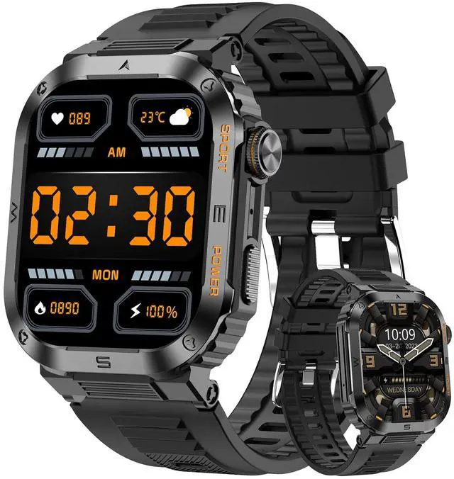 Main image of Military Smartwatch for Men, 2.01" HD Screen reloj inteligente para Hombre, Answer/Make Calls, IP68 Waterproof Sports Fitness Tracker with Heart Rate, Blood Oxygen, Sleep Monitor, Black