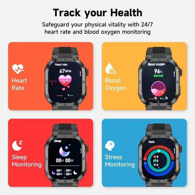 Alt view image 3 of 7 - Military Smartwatch for Men, 2.01" HD Screen reloj inteligente para Hombre, Answer/Make Calls, IP68 Waterproof Sports Fitness Tracker with Heart Rate, Blood Oxygen, Sleep Monitor, Black