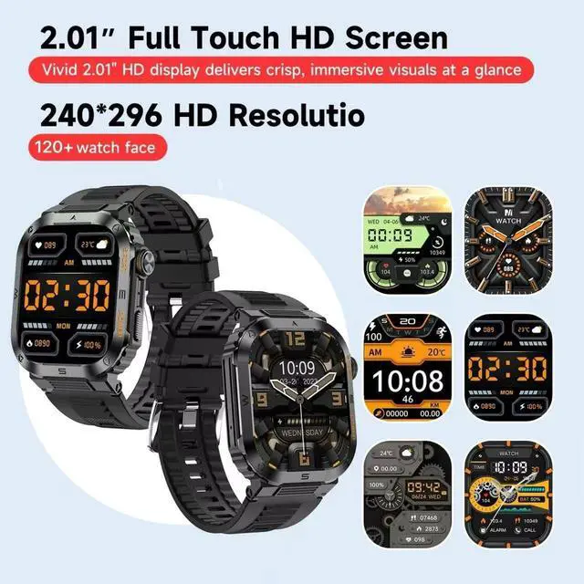 Alt view image 2 of 7 - Military Smartwatch for Men, 2.01" HD Screen reloj inteligente para Hombre, Answer/Make Calls, IP68 Waterproof Sports Fitness Tracker with Heart Rate, Blood Oxygen, Sleep Monitor, Black