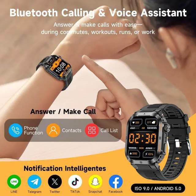 Alt view image 5 of 7 - Military Smartwatch for Men, 2.01" HD Screen reloj inteligente para Hombre, Answer/Make Calls, IP68 Waterproof Sports Fitness Tracker with Heart Rate, Blood Oxygen, Sleep Monitor, Black