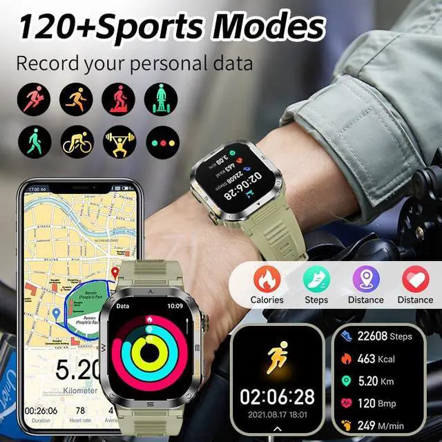 Alt view image 4 of 7 - Military Smartwatch for Men, 2.01" HD Screen reloj inteligente para Hombre, Answer/Make Calls, IP68 Waterproof Sports Fitness Tracker with Heart Rate, Blood Oxygen, Sleep Monitor, Black
